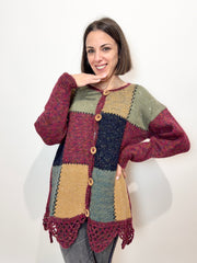Cardigan artigianale in pura lana – fantasia patchwork